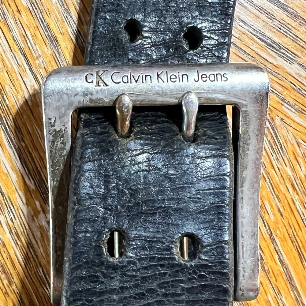 VINTAGE‎ Calvin Klein black genuine leather belt silver signature double buckle